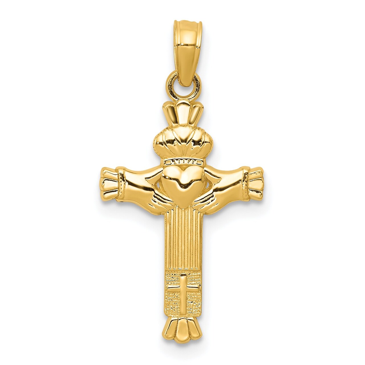 14K Yellow Gold Claddagh Cross Pendant Jewelry New 25.8 X 13.3mm